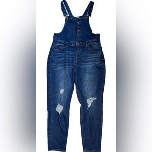 Blue Denim Bibbed Distressed Overalls Juniors XL 15 - 17 Stretch Retro Farm Core